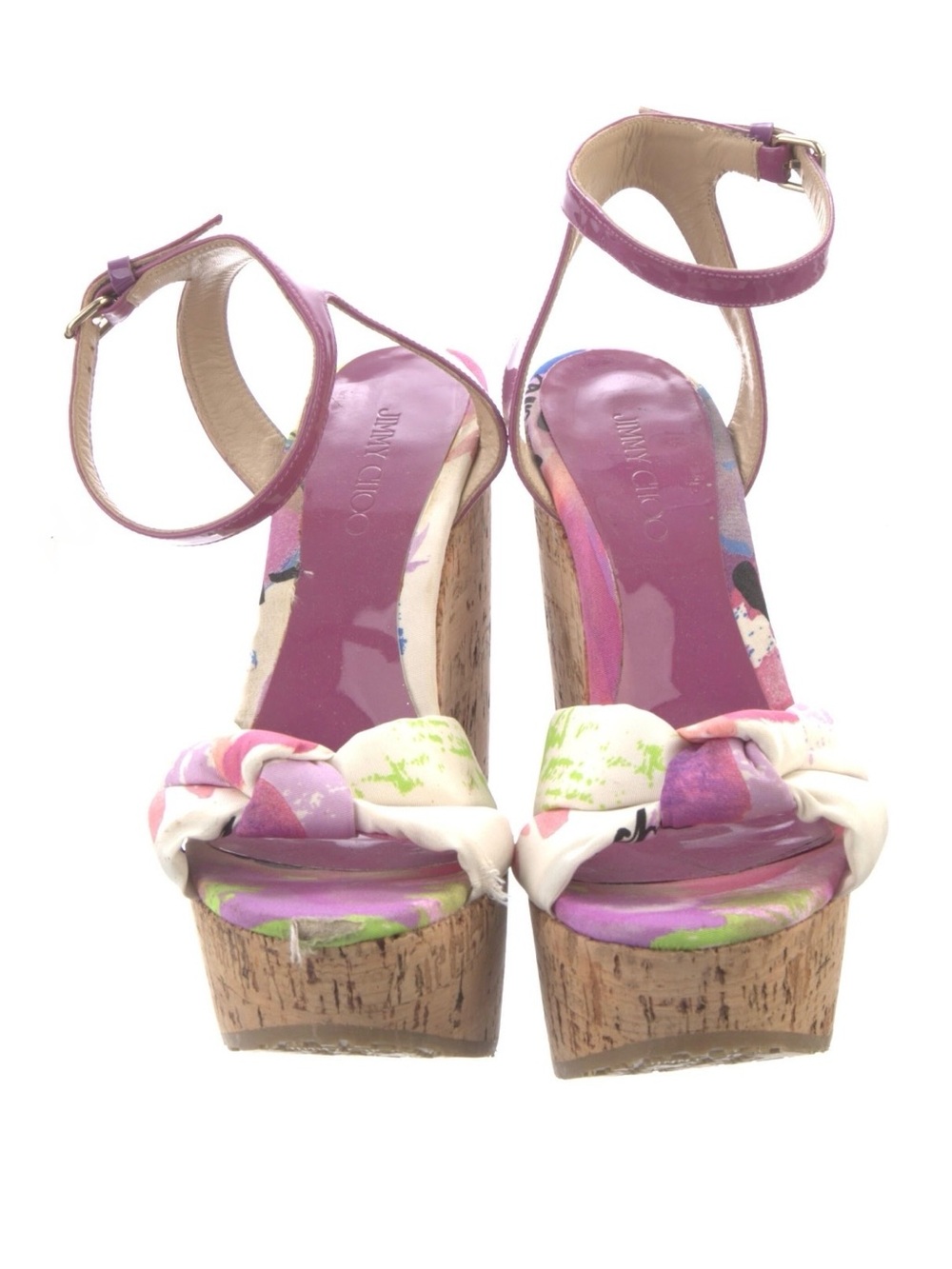 Jimmy Choo Pink Floral Knotted Cork Platform Sandals